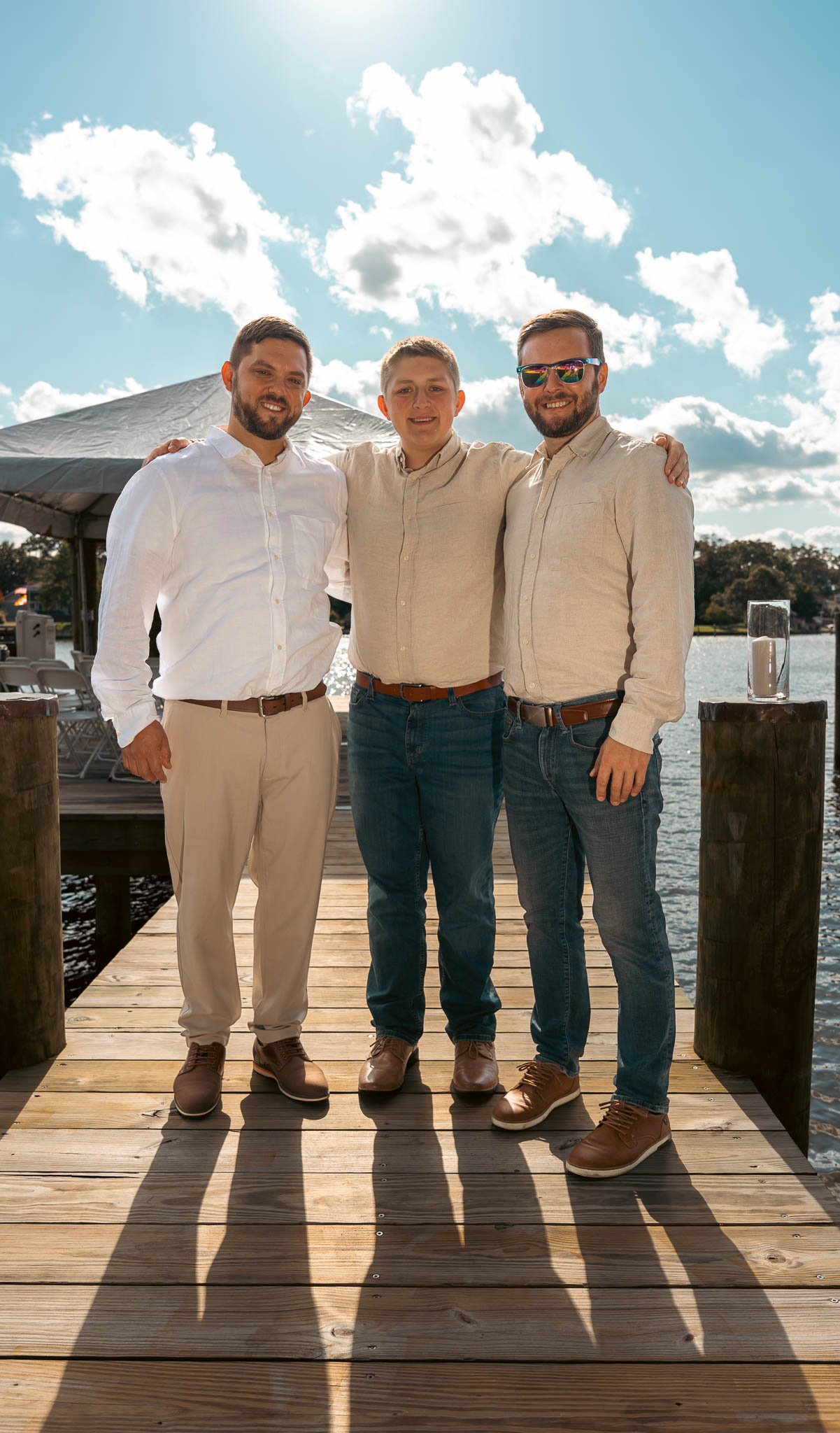 The groom and his friends on the water before the wedding — backyard wedding in Annapolis, Maryland