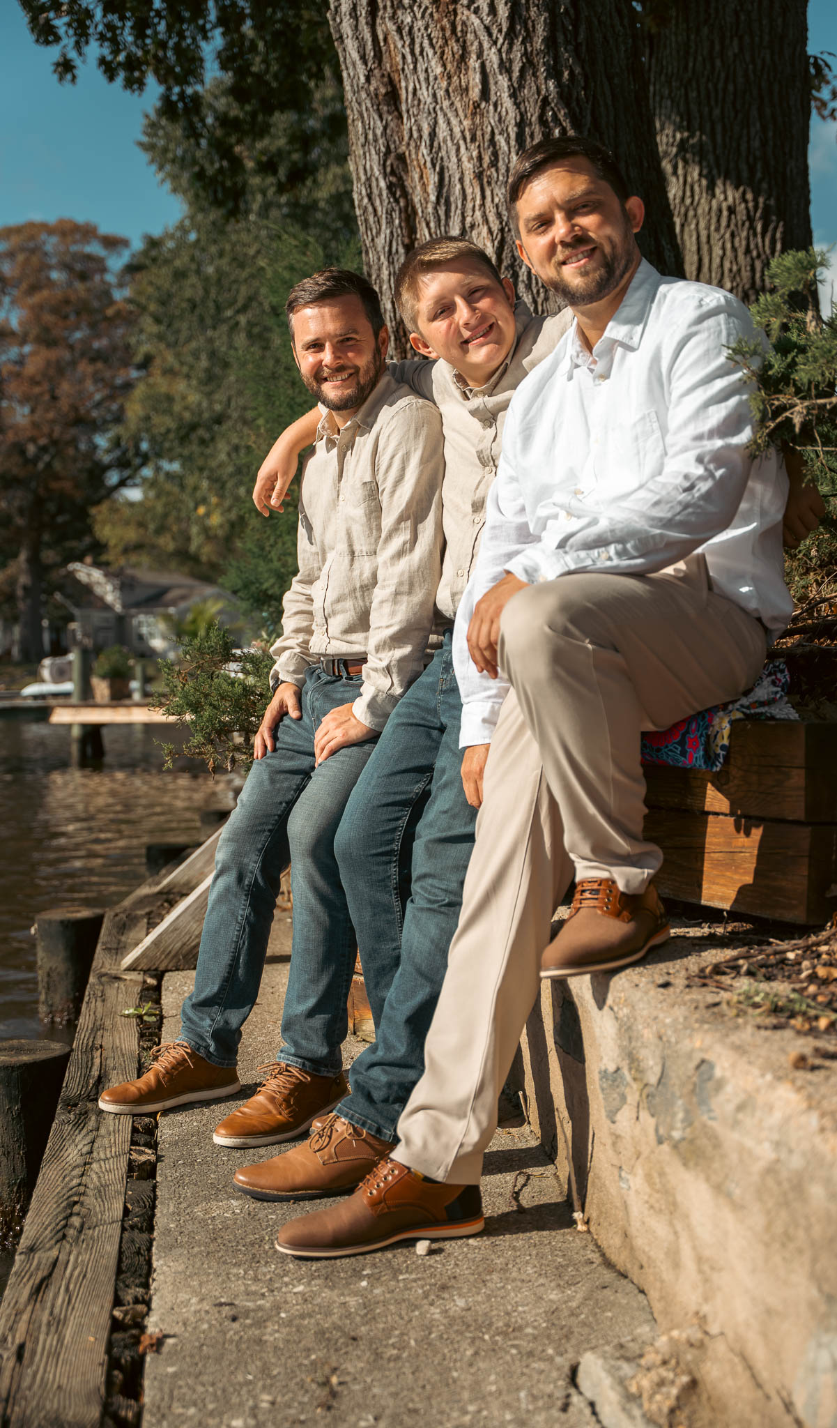 Family portrait by the water before the ceremony — backyard wedding in Annapolis, Maryland