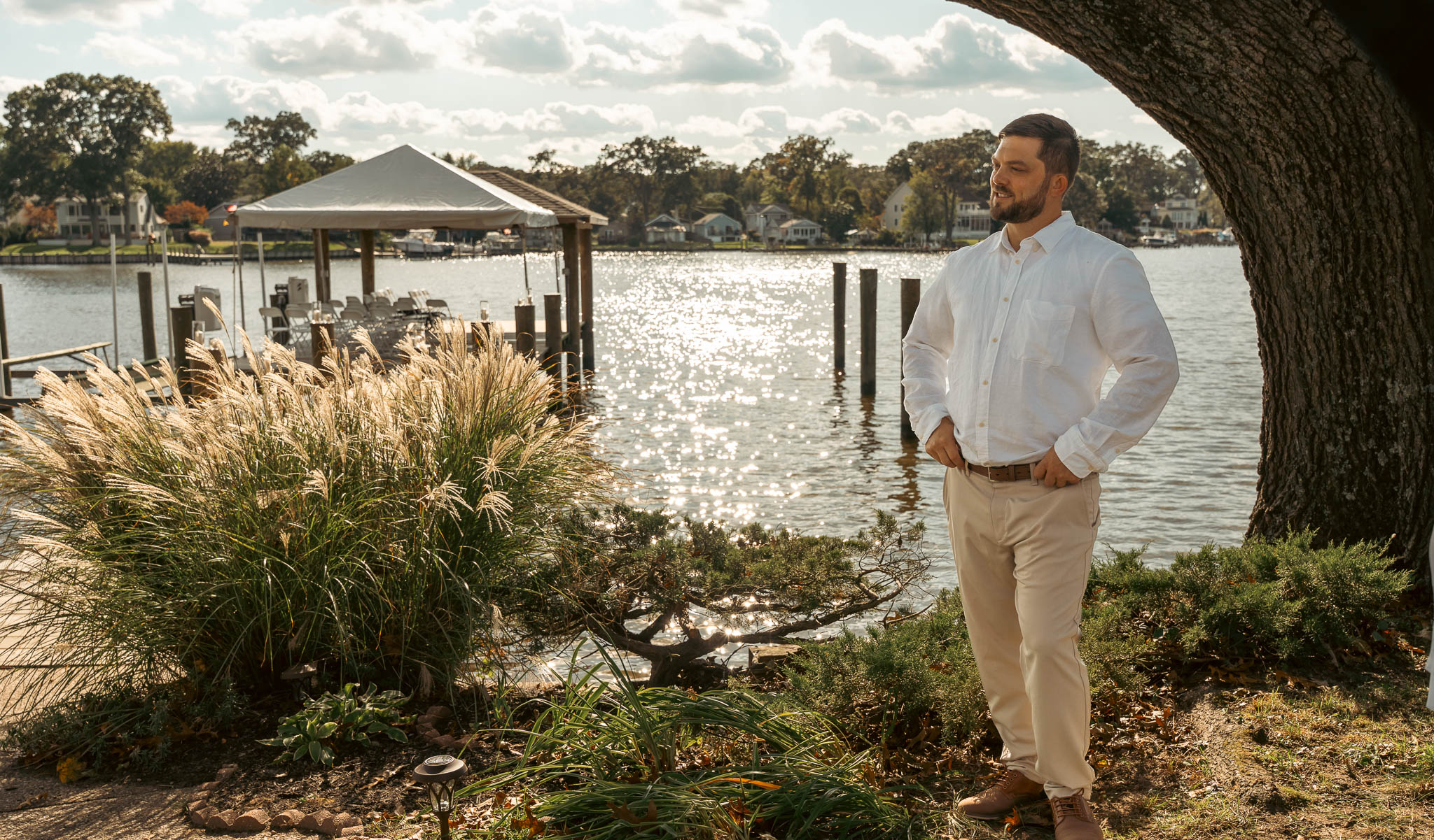 Family portraits under the oak at the water's edge — backyard wedding in Annapolis, Maryland