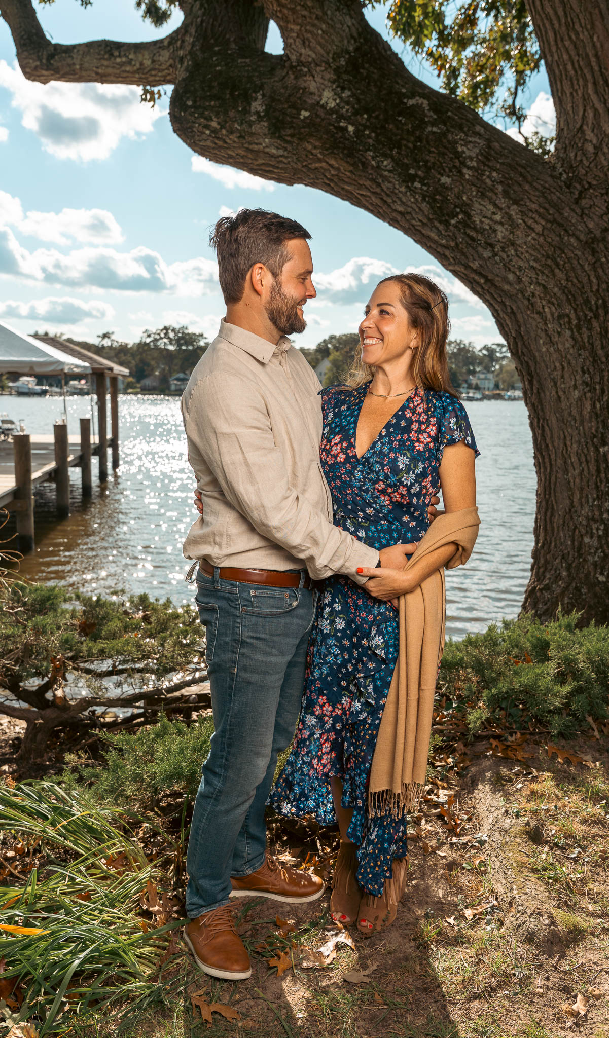 Family portraits under the oak at the water's edge — backyard wedding in Annapolis, Maryland