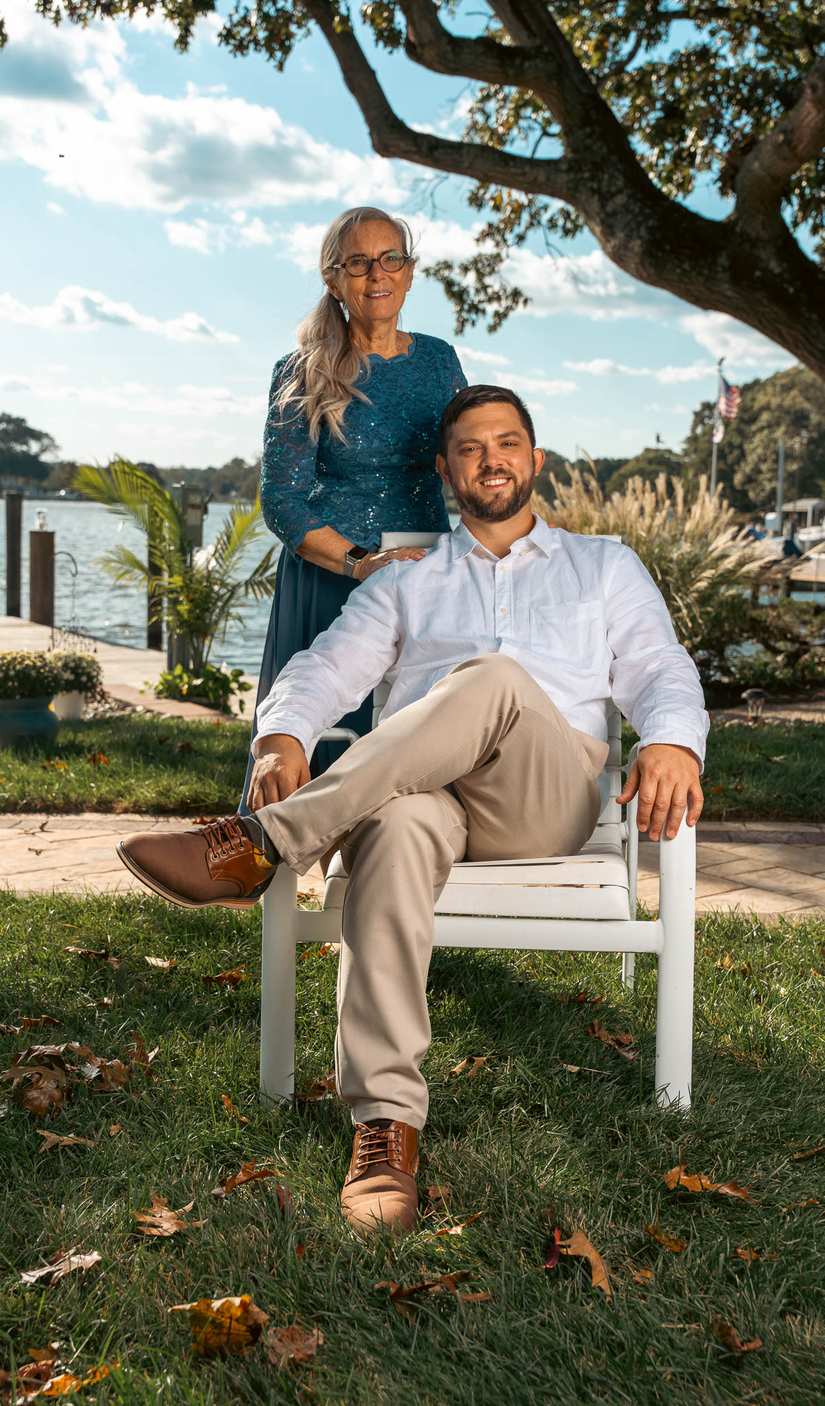 Family portrait by the water before the ceremony — backyard wedding in Annapolis, Maryland
