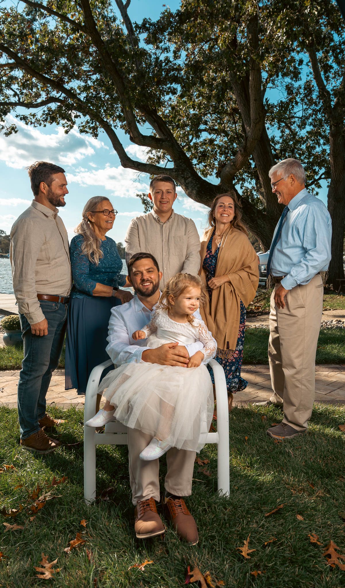 Family portrait by the water before the ceremony — backyard wedding in Annapolis, Maryland