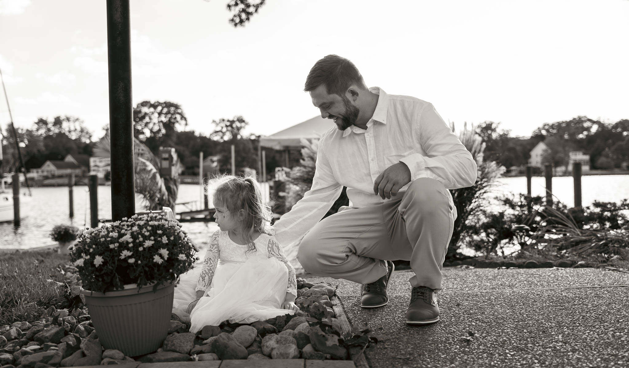 Bride and groom during their first look by the water — backyard wedding in Annapolis, Maryland