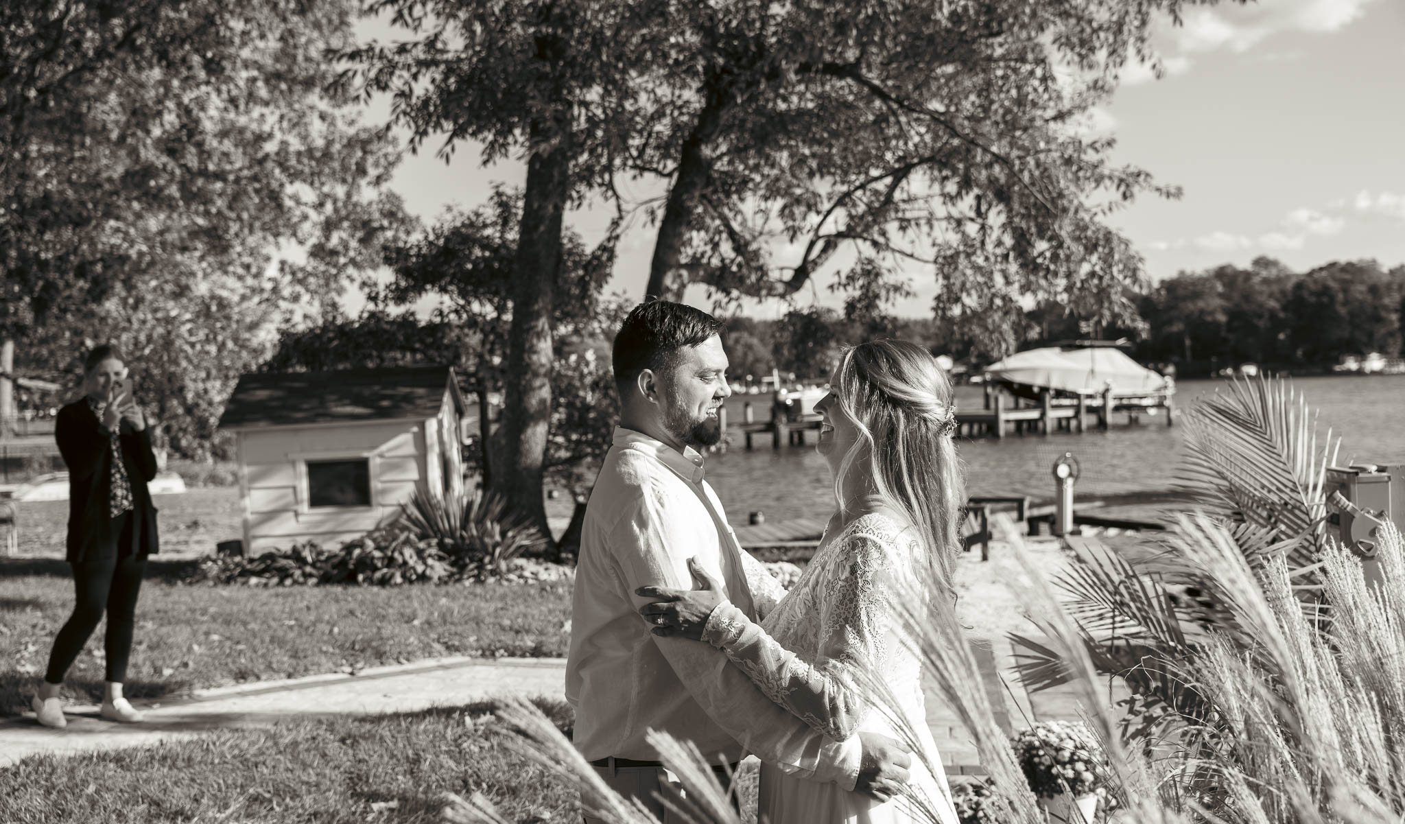 The couple seeing each other for the first time that day — backyard wedding in Annapolis, Maryland