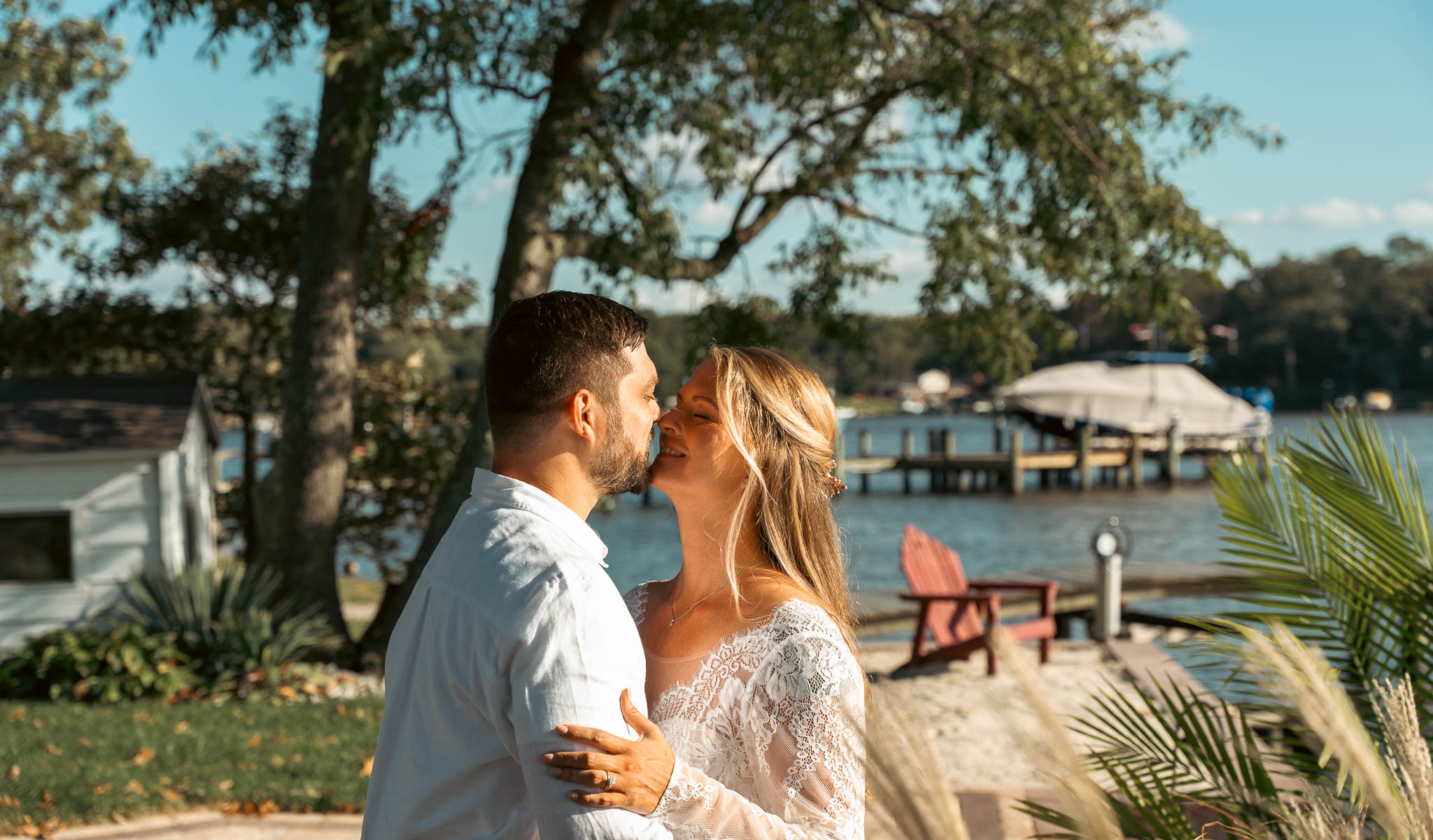 Bride and groom during their first look by the water — backyard wedding in Annapolis, Maryland