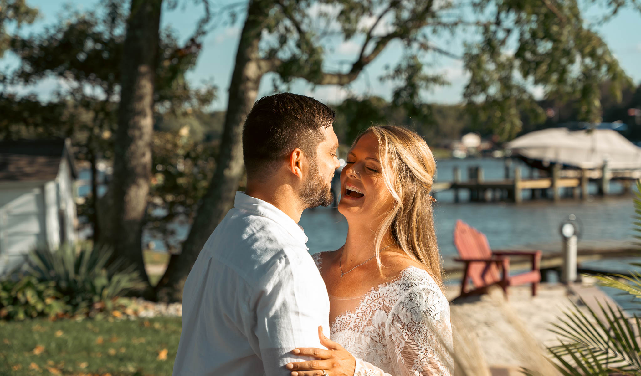 The couple seeing each other for the first time that day — backyard wedding in Annapolis, Maryland