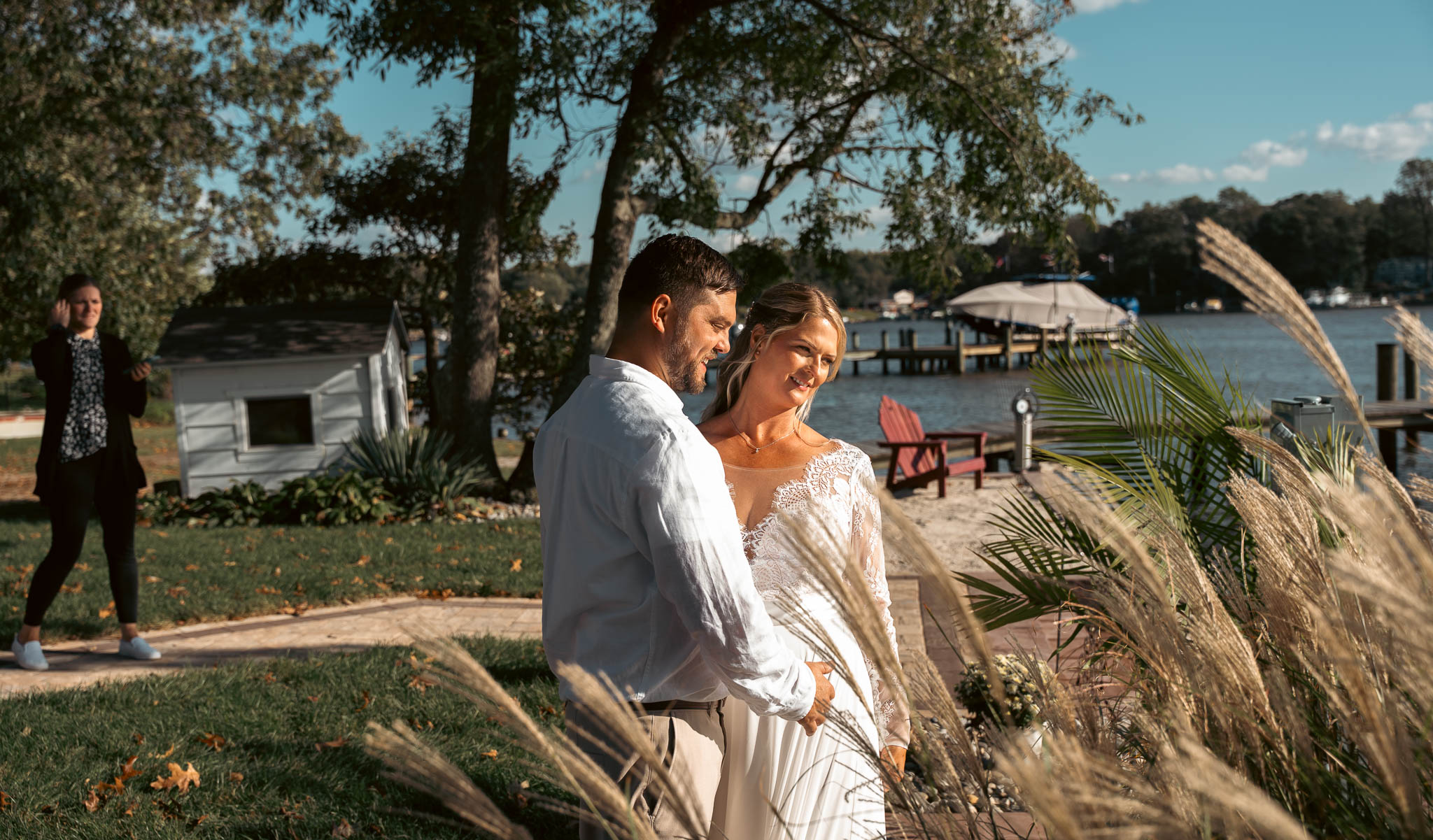Bride and groom during their first look by the water — backyard wedding in Annapolis, Maryland