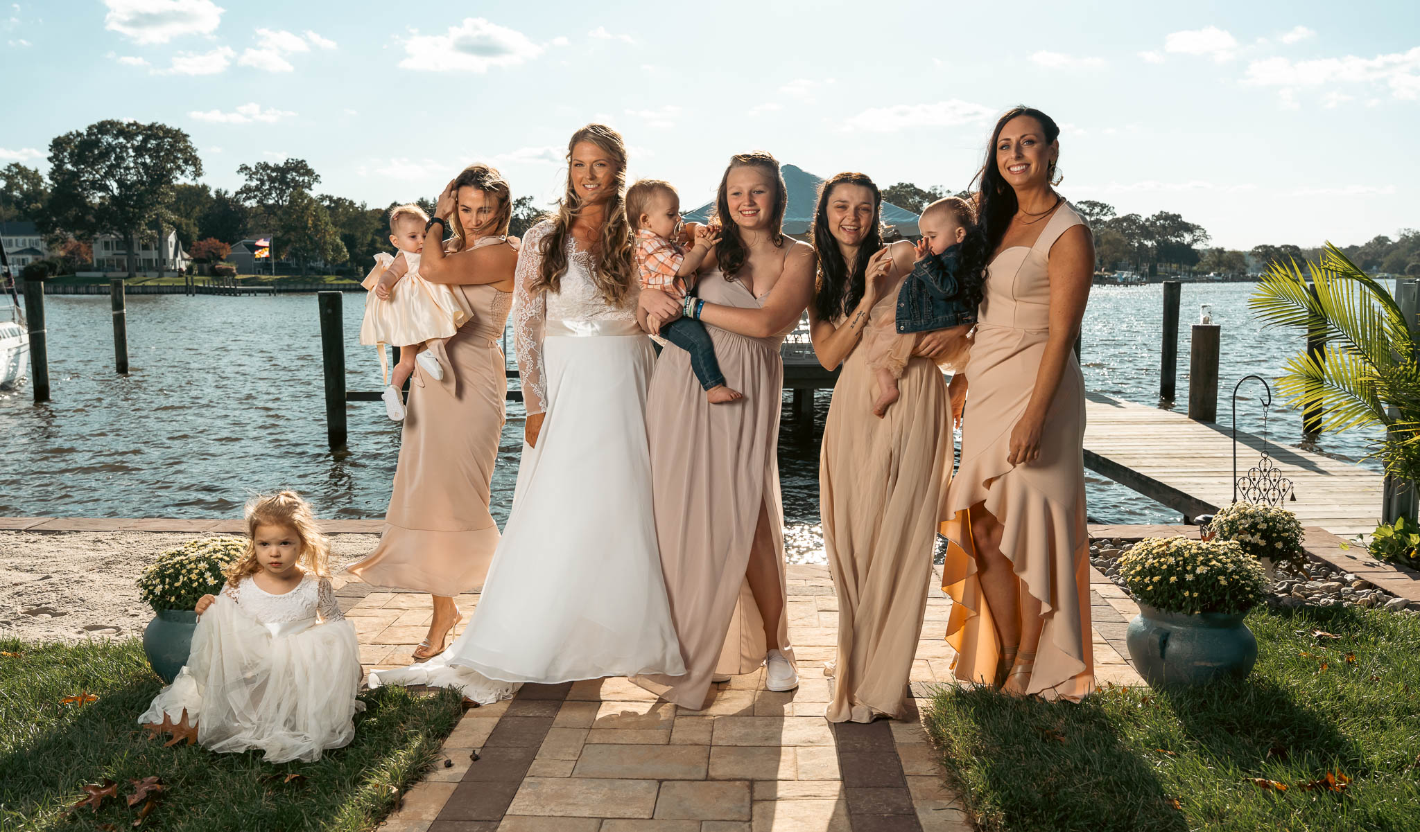 Bridal party portrait on the dock — backyard wedding in Annapolis, Maryland