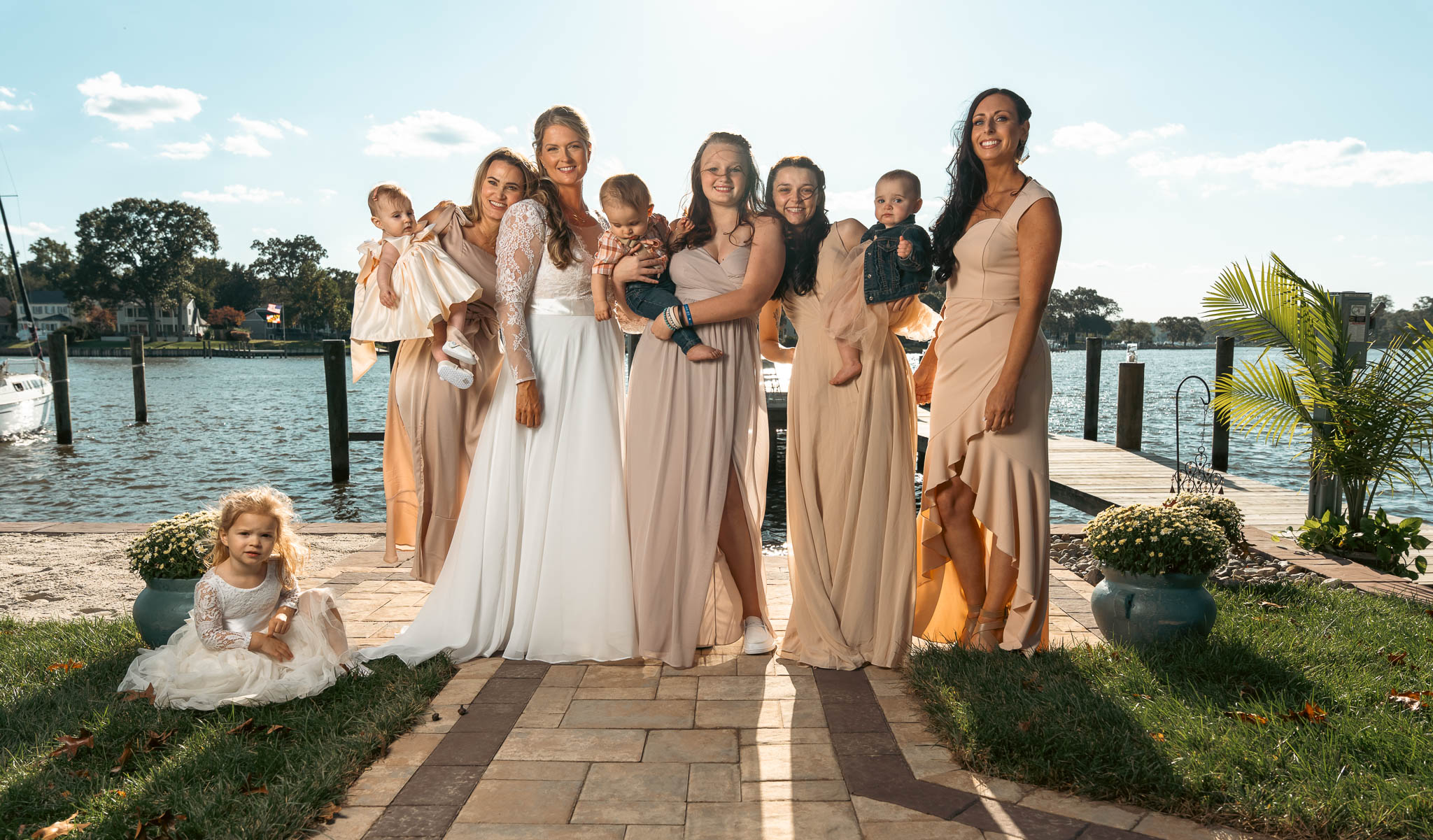 Bridesmaids on the waterfront before the ceremony — backyard wedding in Annapolis, Maryland