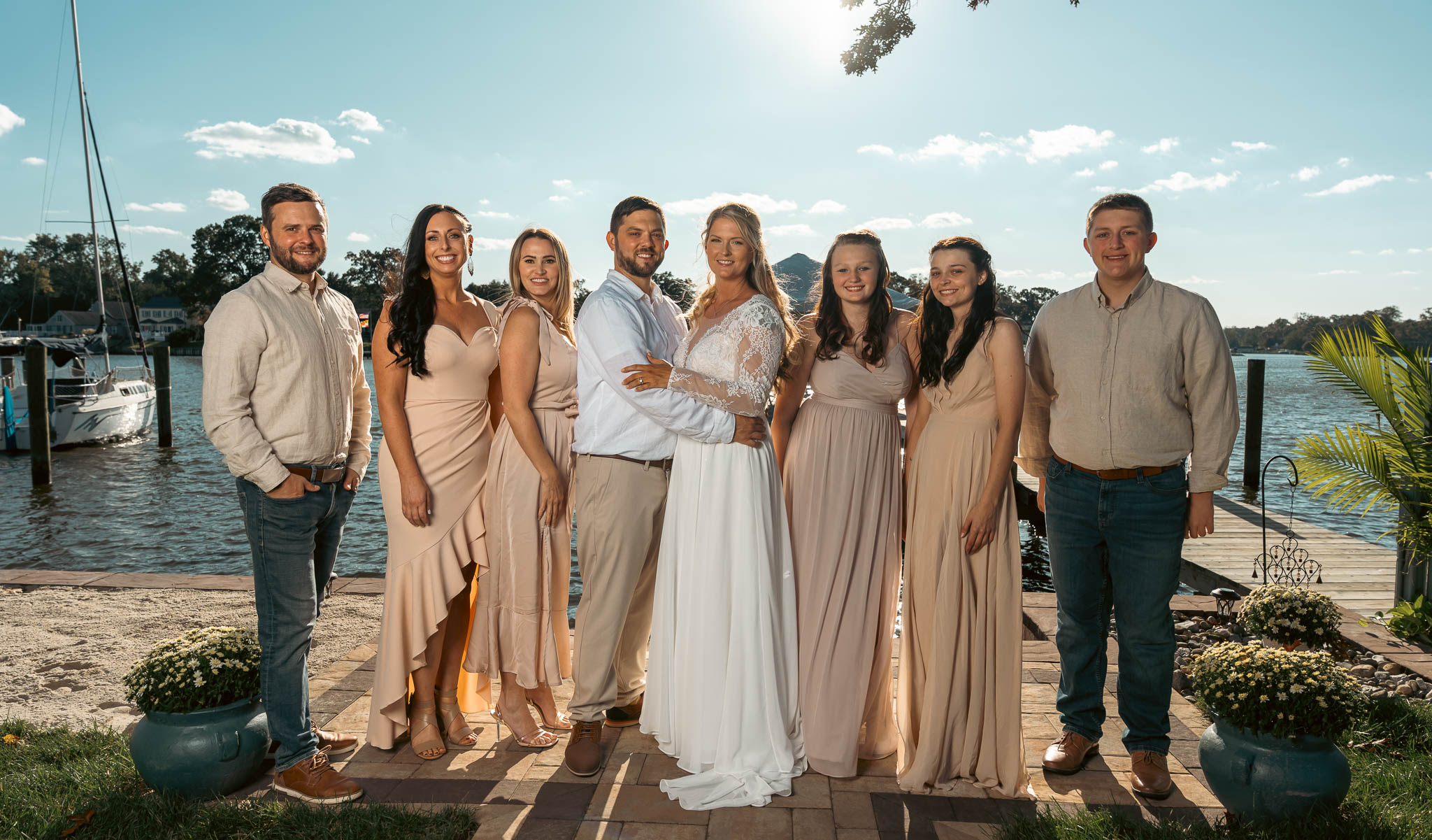 Bridal party portrait on the dock — backyard wedding in Annapolis, Maryland