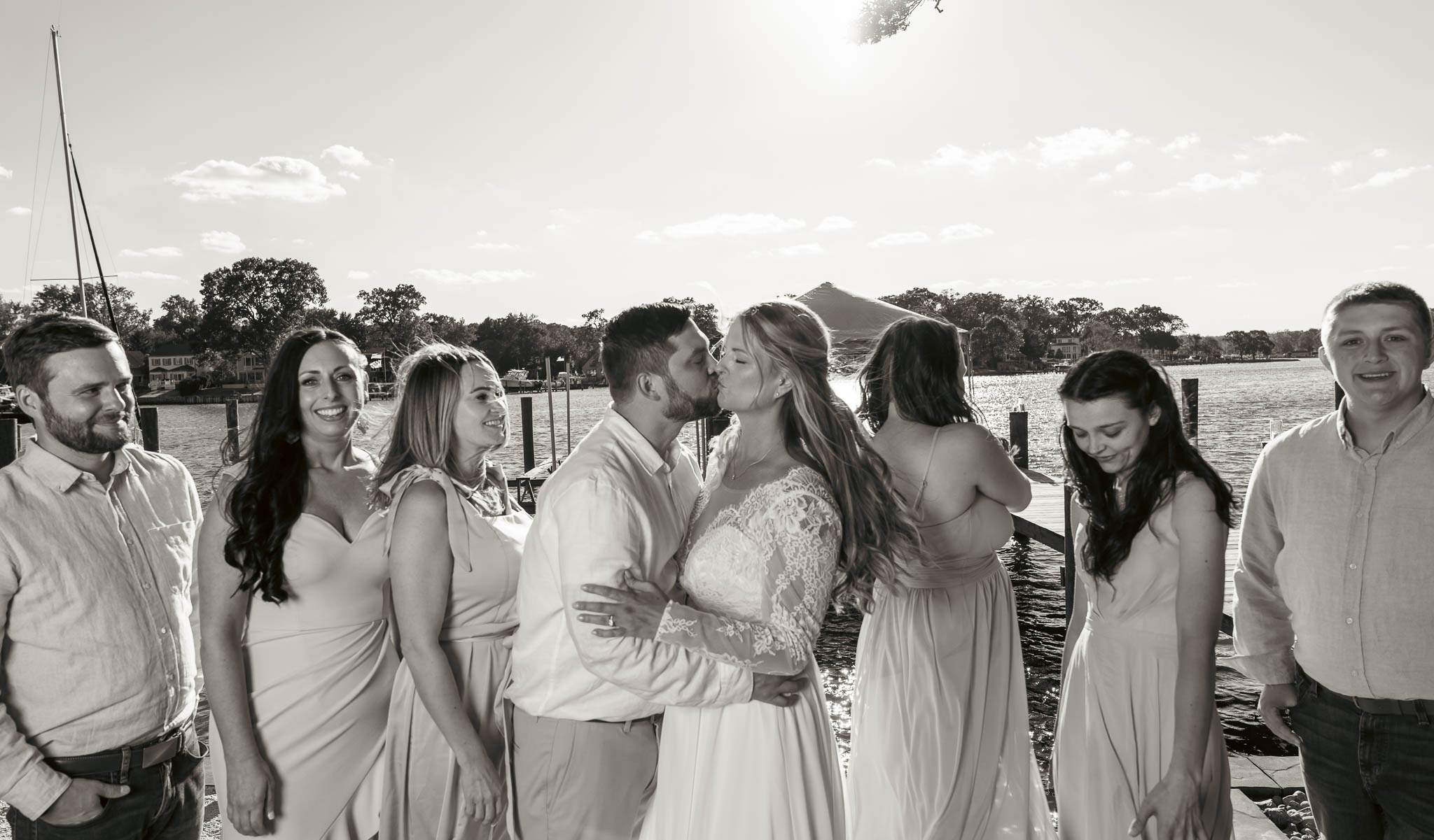 Bridesmaids on the waterfront before the ceremony — backyard wedding in Annapolis, Maryland