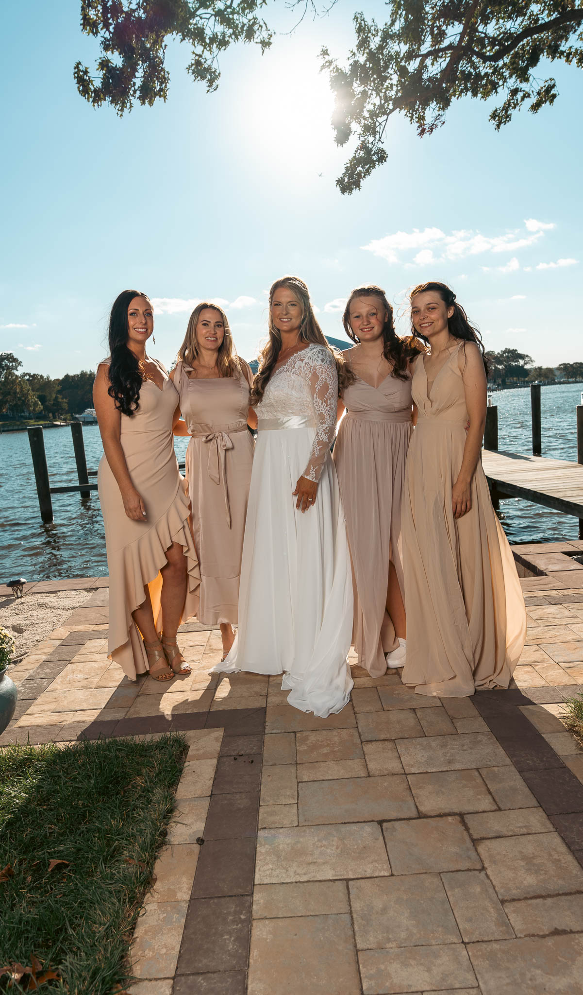 Bridal party portrait on the dock — backyard wedding in Annapolis, Maryland