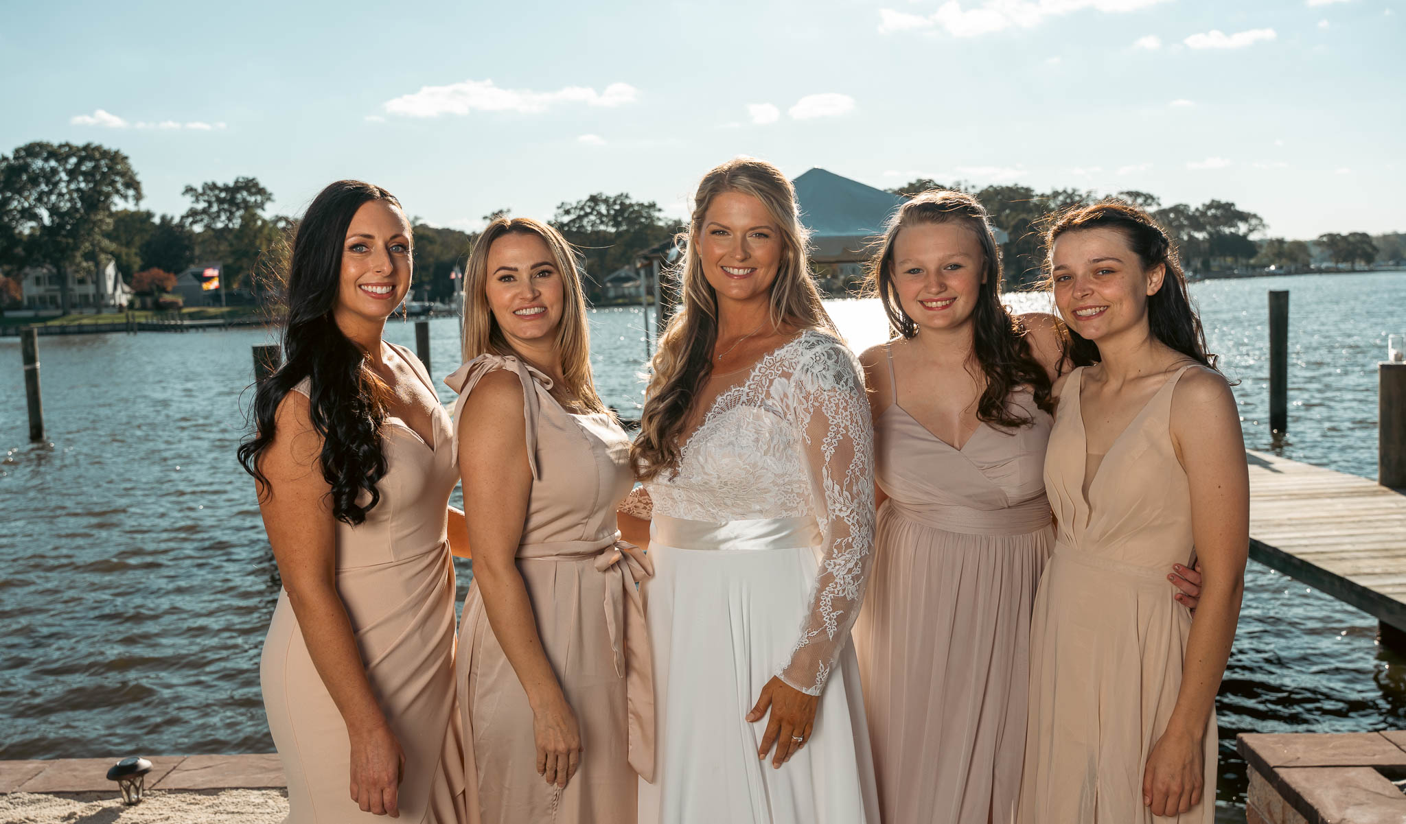 Bridal party portrait on the dock — backyard wedding in Annapolis, Maryland