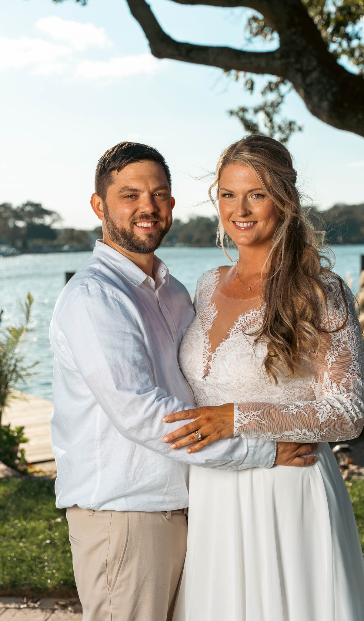 Family formal portrait under the oak by the water — backyard wedding in Annapolis, Maryland