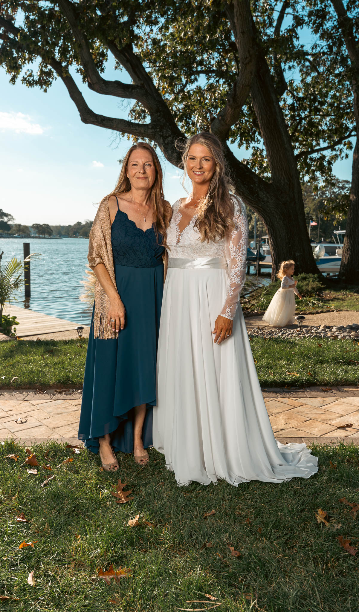 Family formal portrait under the oak by the water — backyard wedding in Annapolis, Maryland