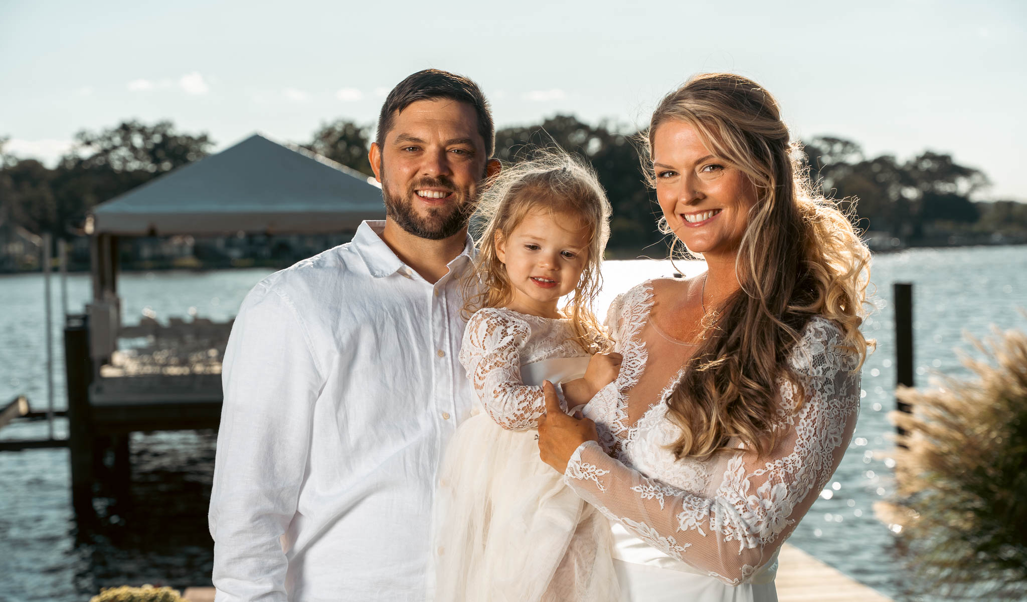 Family formal portrait under the oak by the water — backyard wedding in Annapolis, Maryland