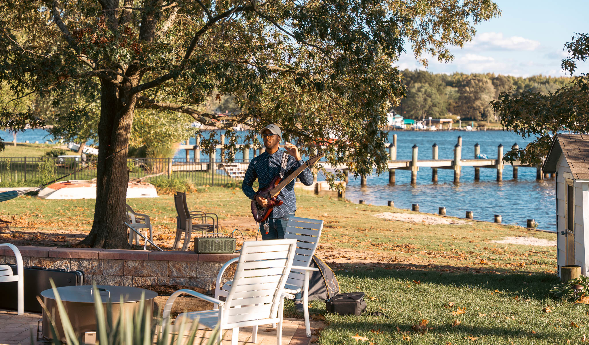 The waterfront lawn set up before the ceremony — backyard wedding in Annapolis, Maryland