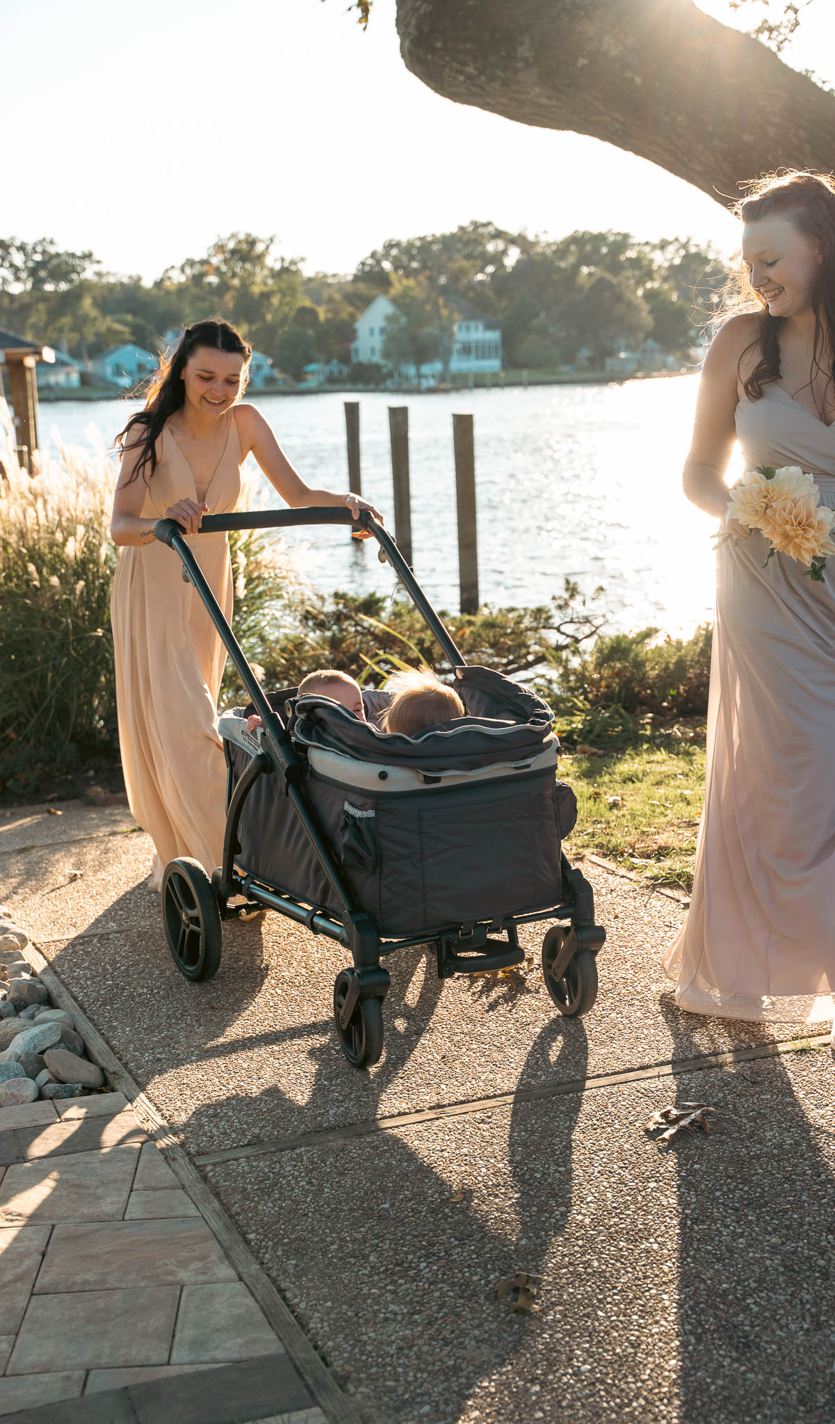 Family and friends celebrating after the ceremony — backyard wedding in Annapolis, Maryland