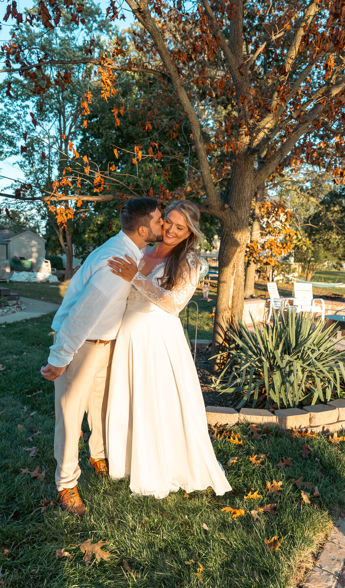 Golden hour portrait on the waterfront lawn — backyard wedding in Annapolis, Maryland