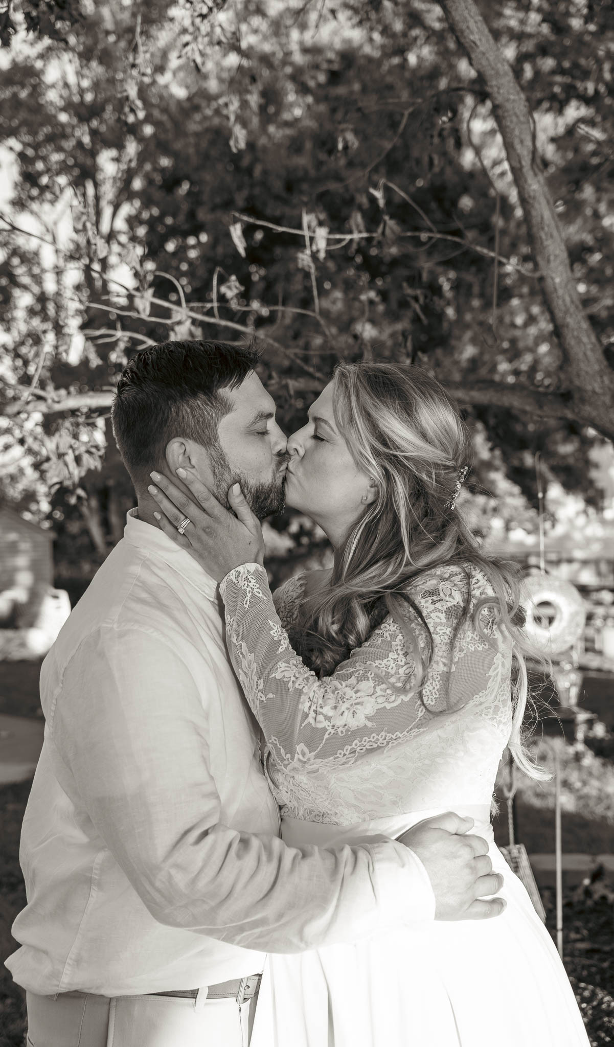 Bride and groom at golden hour by the creek — backyard wedding in Annapolis, Maryland