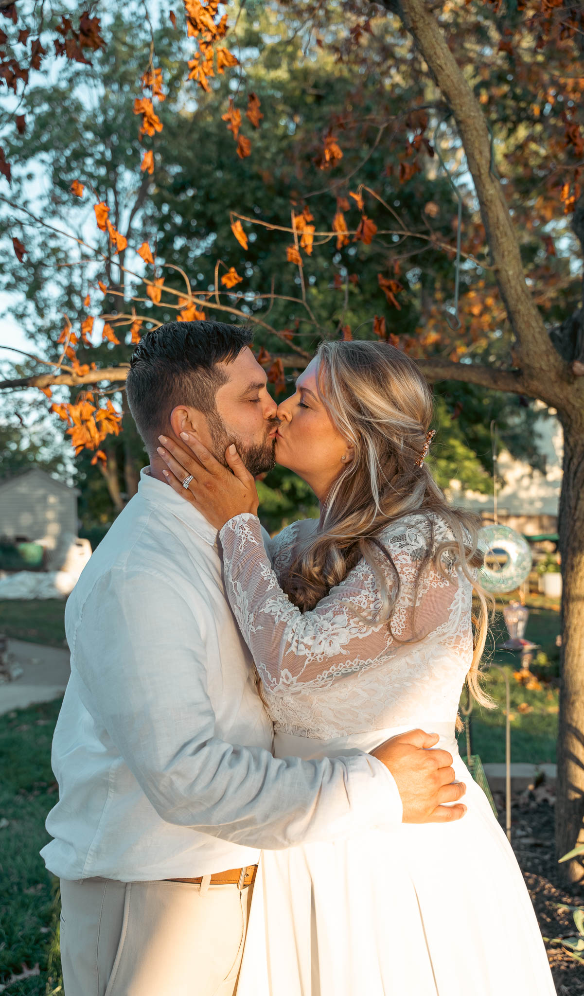 Couple portrait under the oak in the last of the light — backyard wedding in Annapolis, Maryland