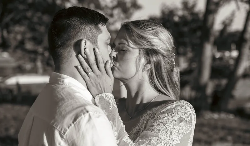 A close kiss in black and white