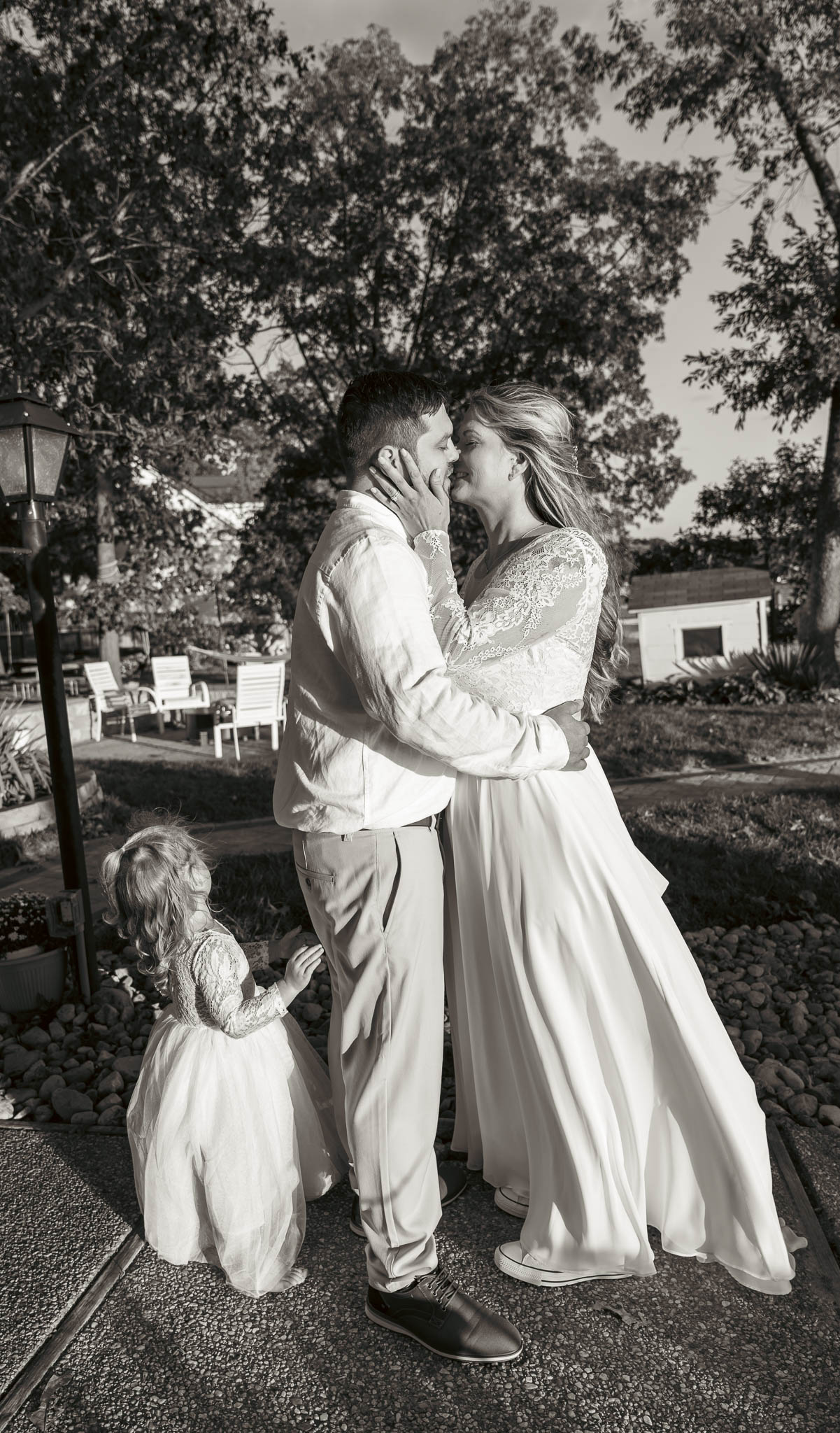 Bride and groom at golden hour by the creek — backyard wedding in Annapolis, Maryland