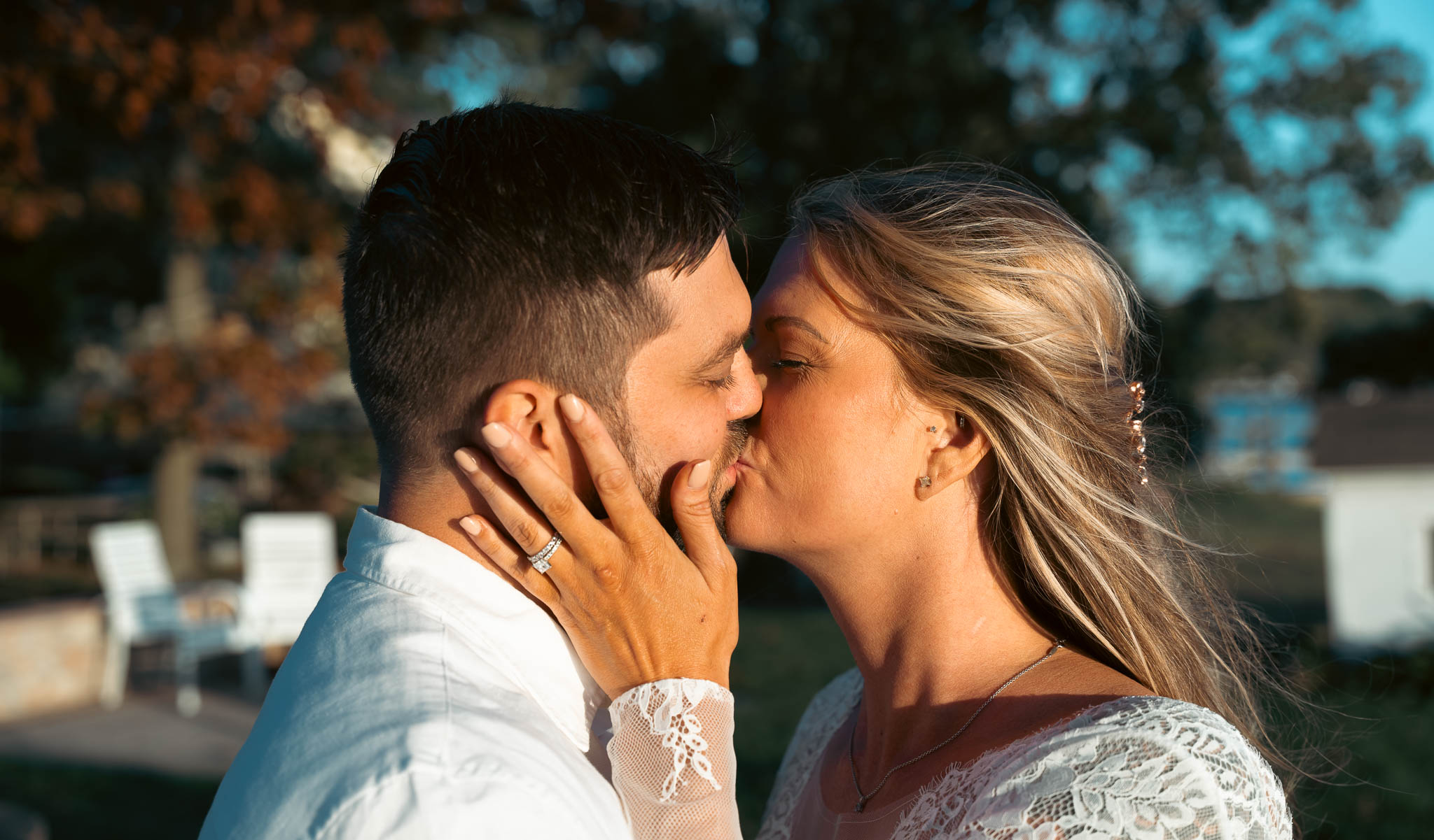 Couple portrait under the oak in the last of the light — backyard wedding in Annapolis, Maryland