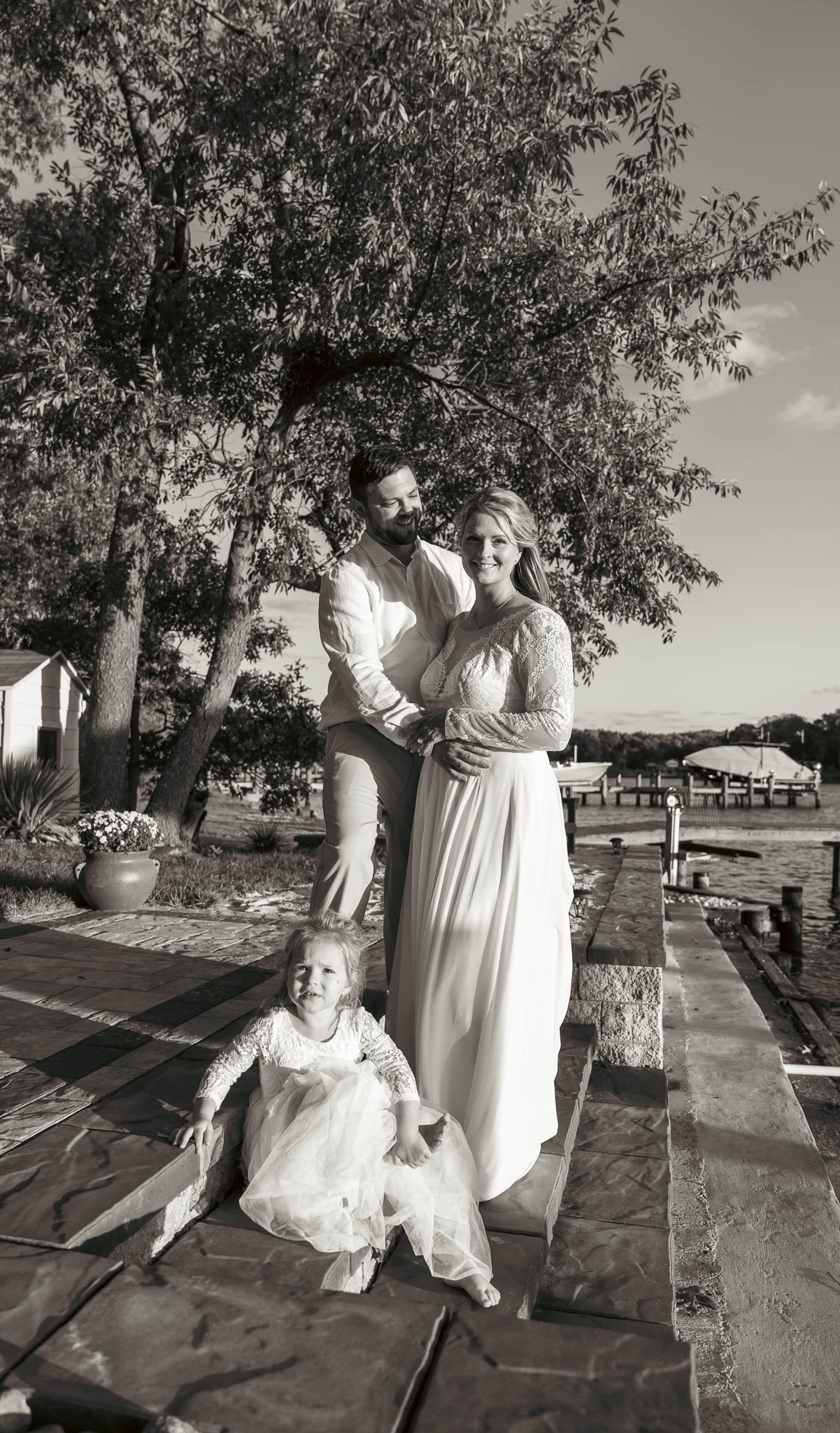 Bride and groom at golden hour by the creek — backyard wedding in Annapolis, Maryland