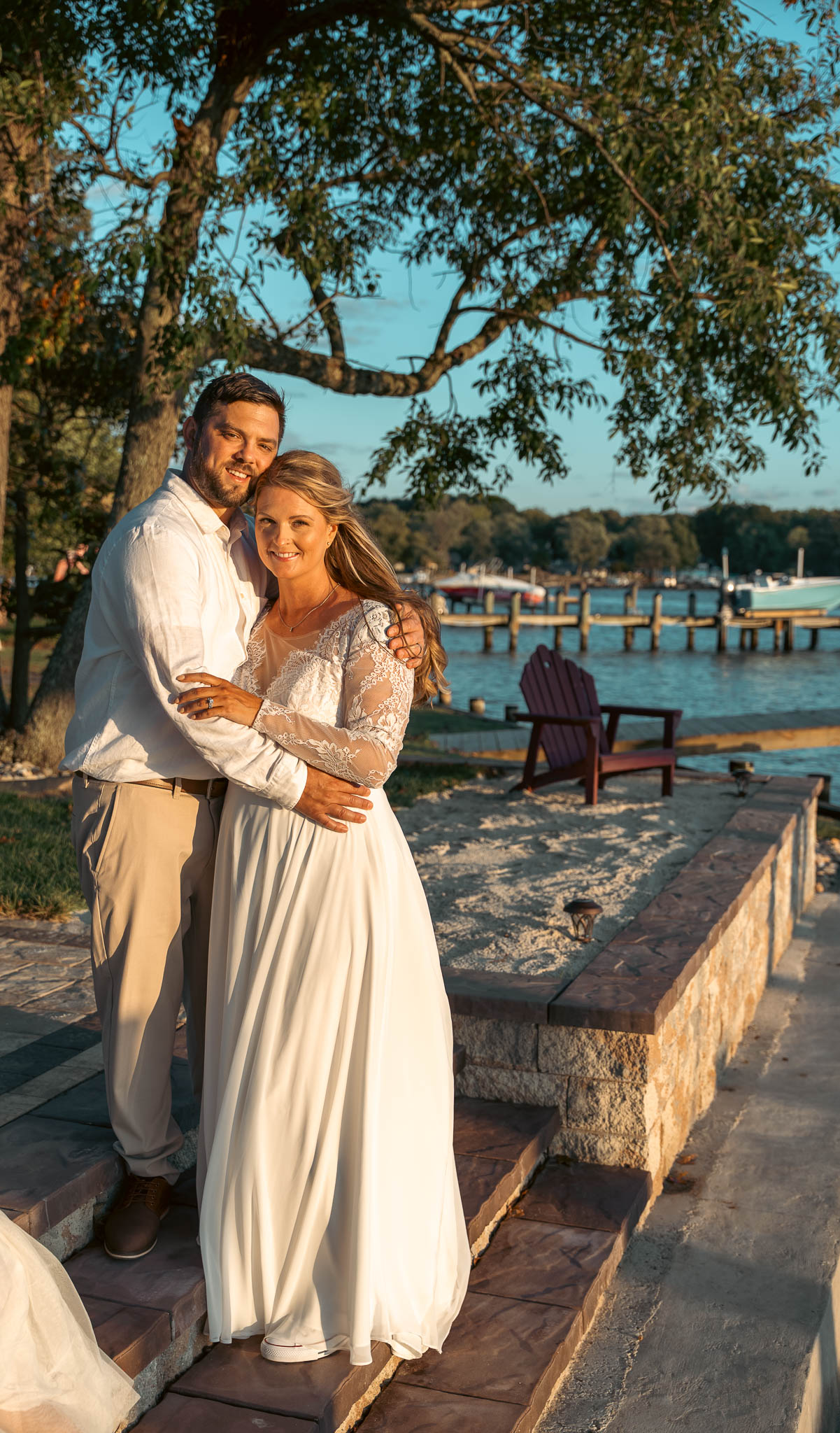Golden hour portrait on the waterfront lawn — backyard wedding in Annapolis, Maryland