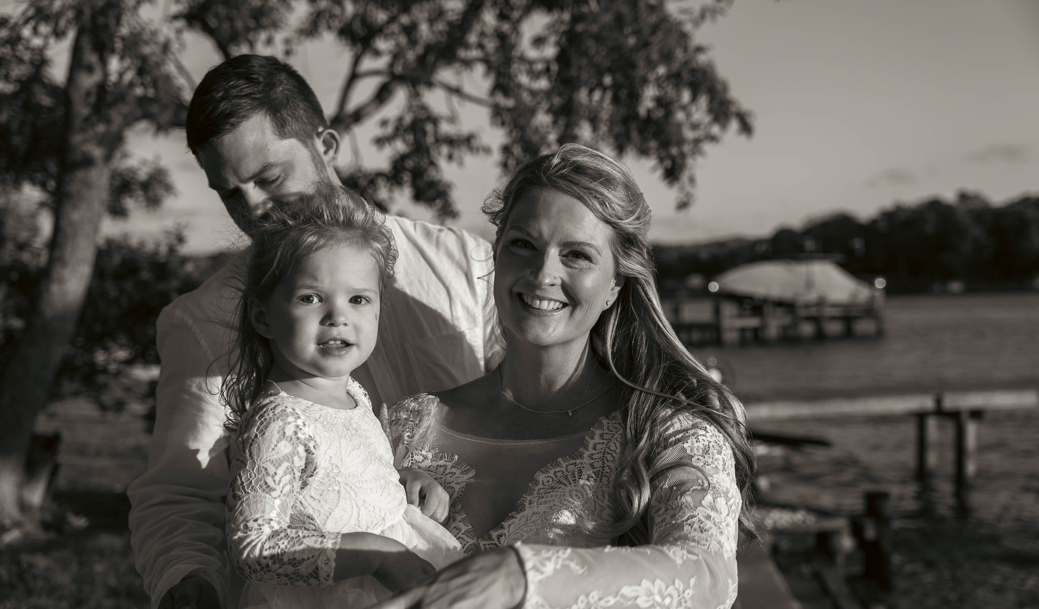 Couple portrait under the oak in the last of the light — backyard wedding in Annapolis, Maryland