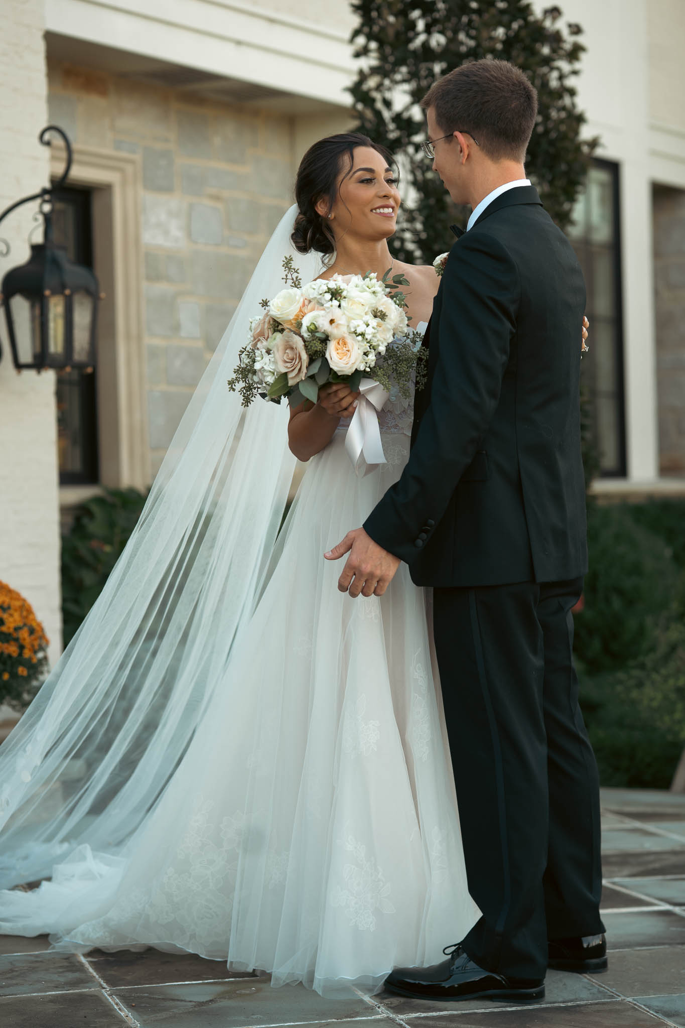 Bride and groom during their first look at the manor house — Sylvanside Farm wedding in Purcellville, Virginia