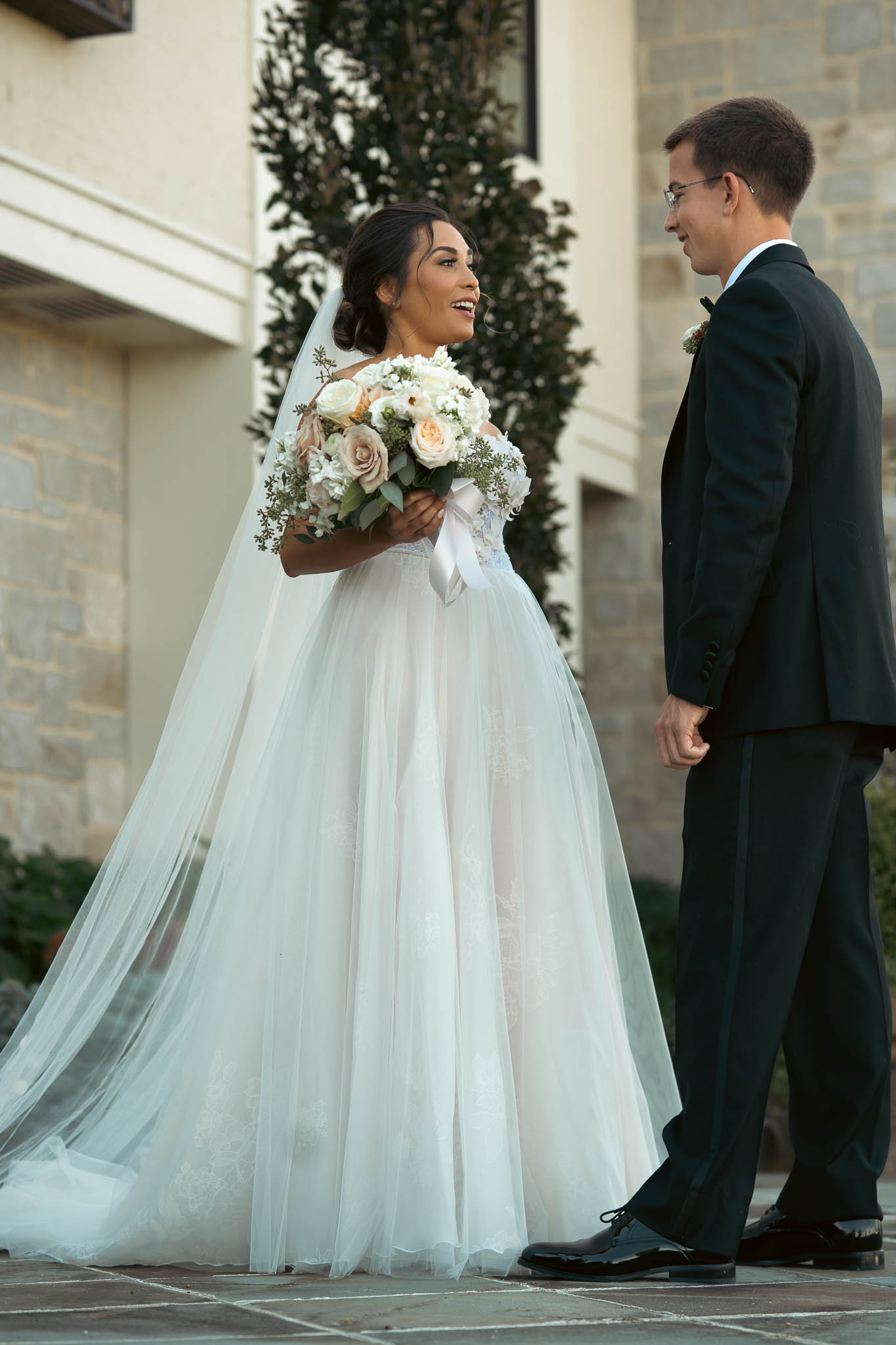 Bride and groom during their first look at the manor house — Sylvanside Farm wedding in Purcellville, Virginia