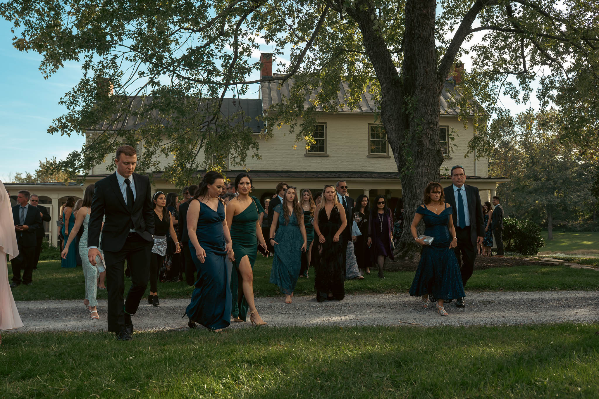 Guests gathering under the oaks before the ceremony — Sylvanside Farm wedding in Purcellville, Virginia