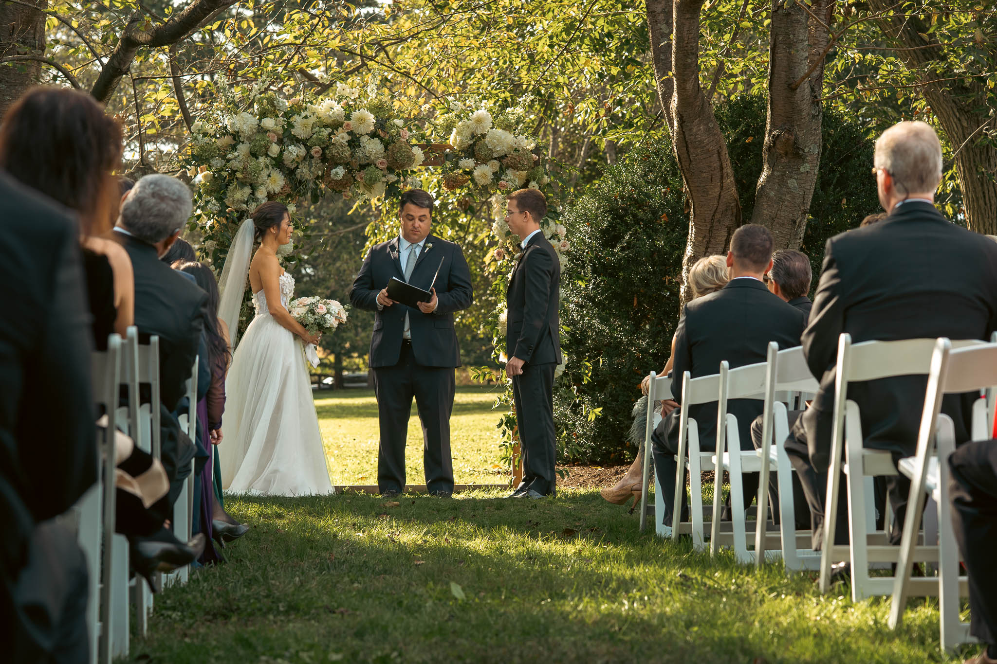 Outdoor autumn ceremony on the farm lawn — Sylvanside Farm wedding in Purcellville, Virginia