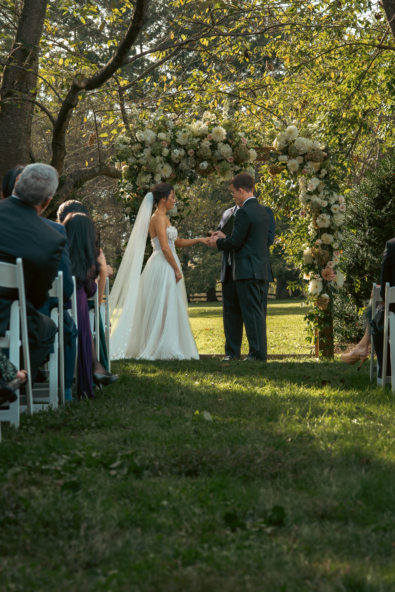Outdoor autumn ceremony on the farm lawn — Sylvanside Farm wedding in Purcellville, Virginia