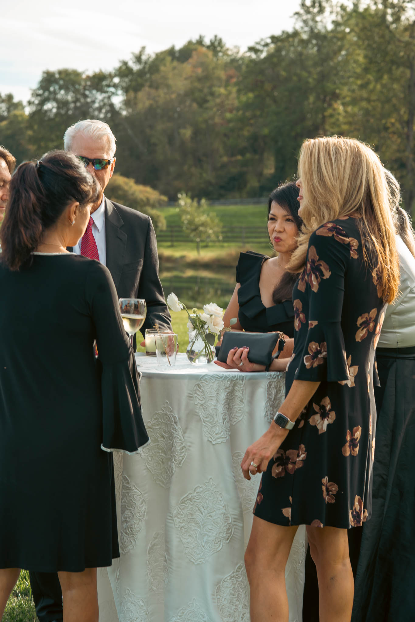 Guests at cocktail hour on the farm lawn — Sylvanside Farm wedding in Purcellville, Virginia