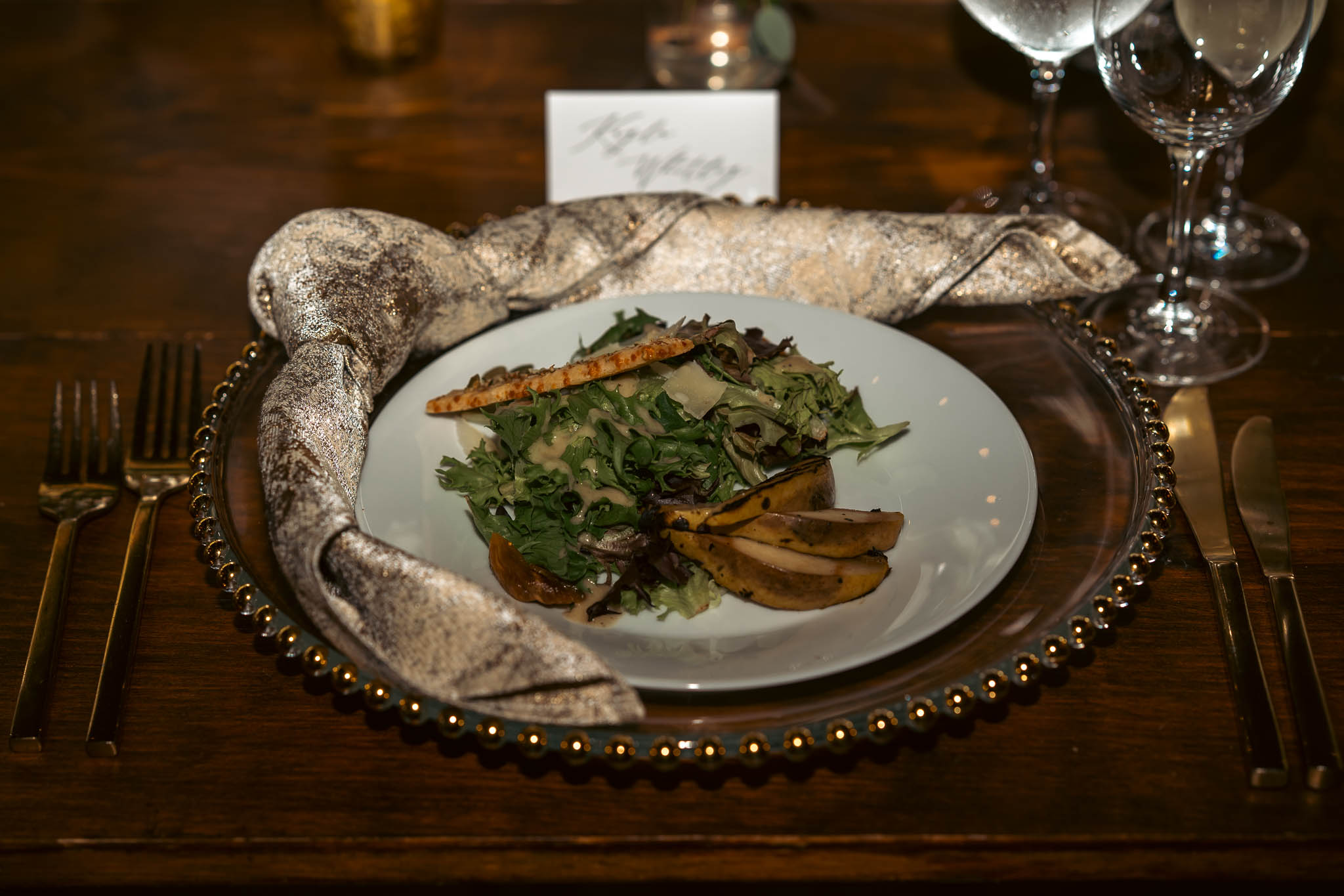 Reception table details in the timber-frame barn — Sylvanside Farm wedding in Purcellville, Virginia