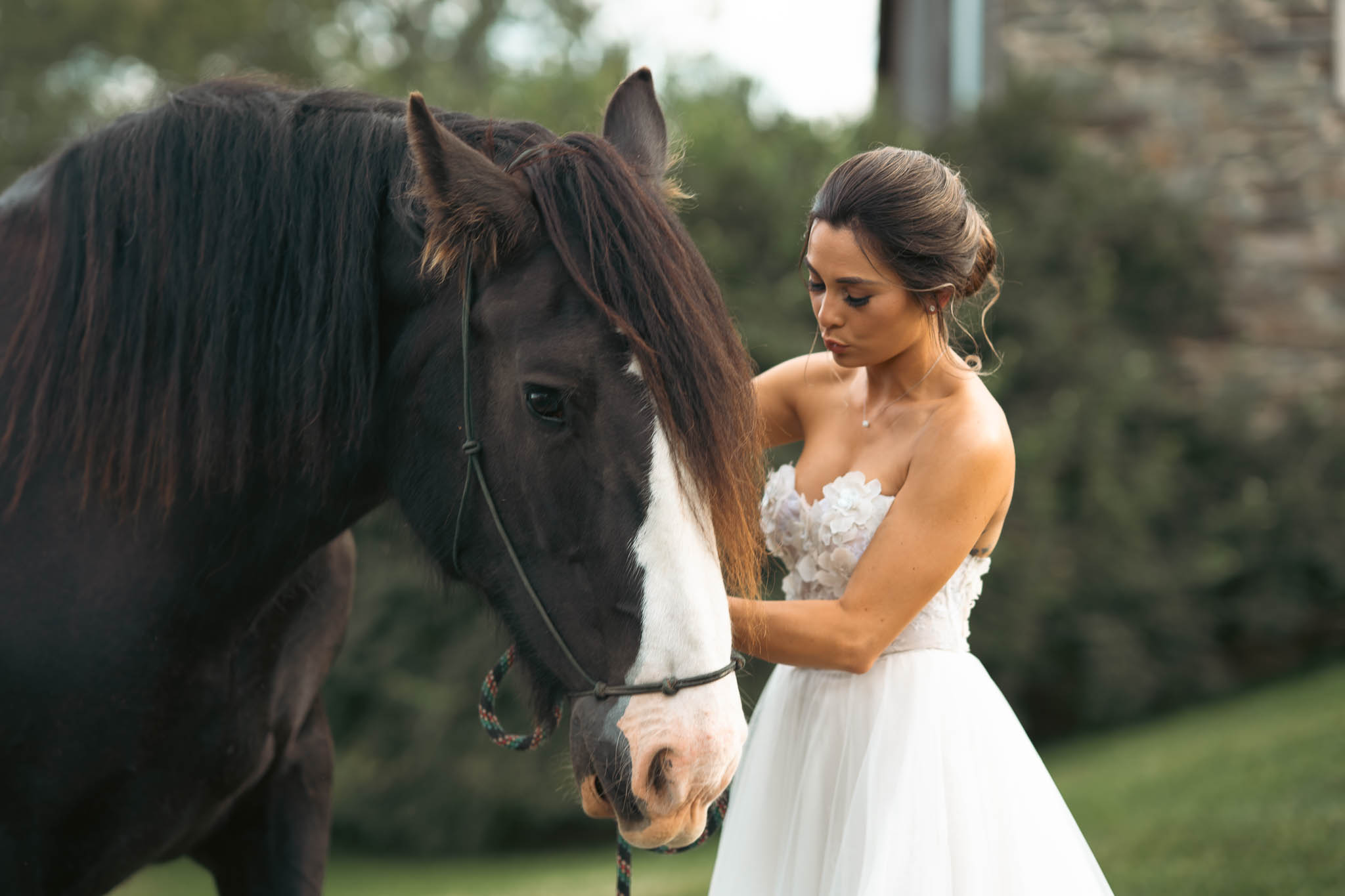Portrait of the bride with a draft horse in the field — Sylvanside Farm wedding in Purcellville, Virginia