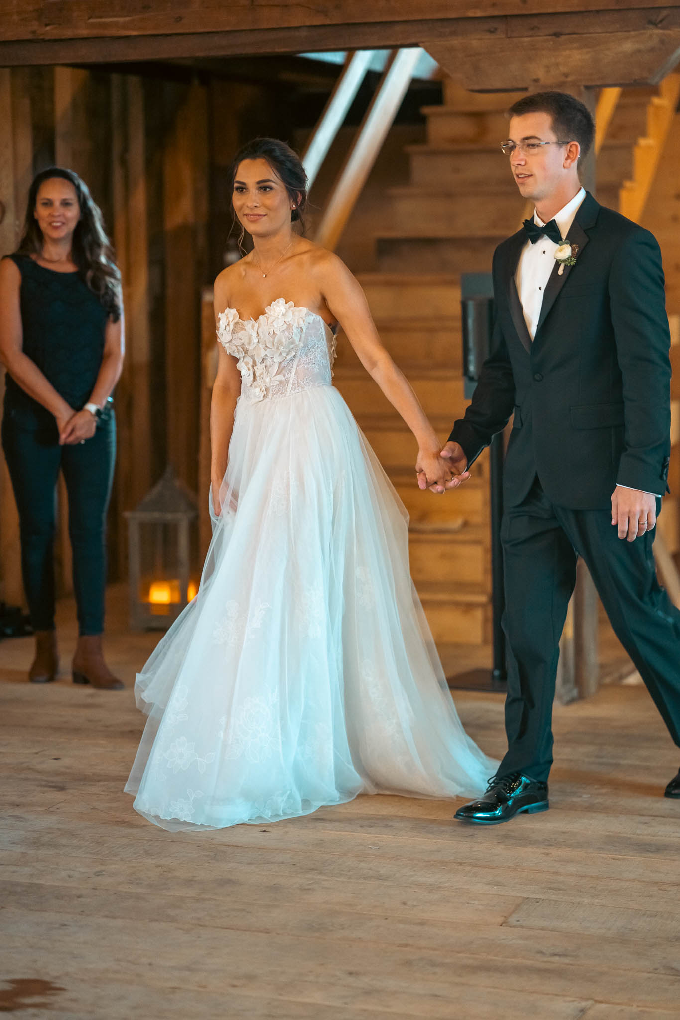 Grand entrance into the timber-frame reception barn — Sylvanside Farm wedding in Purcellville, Virginia