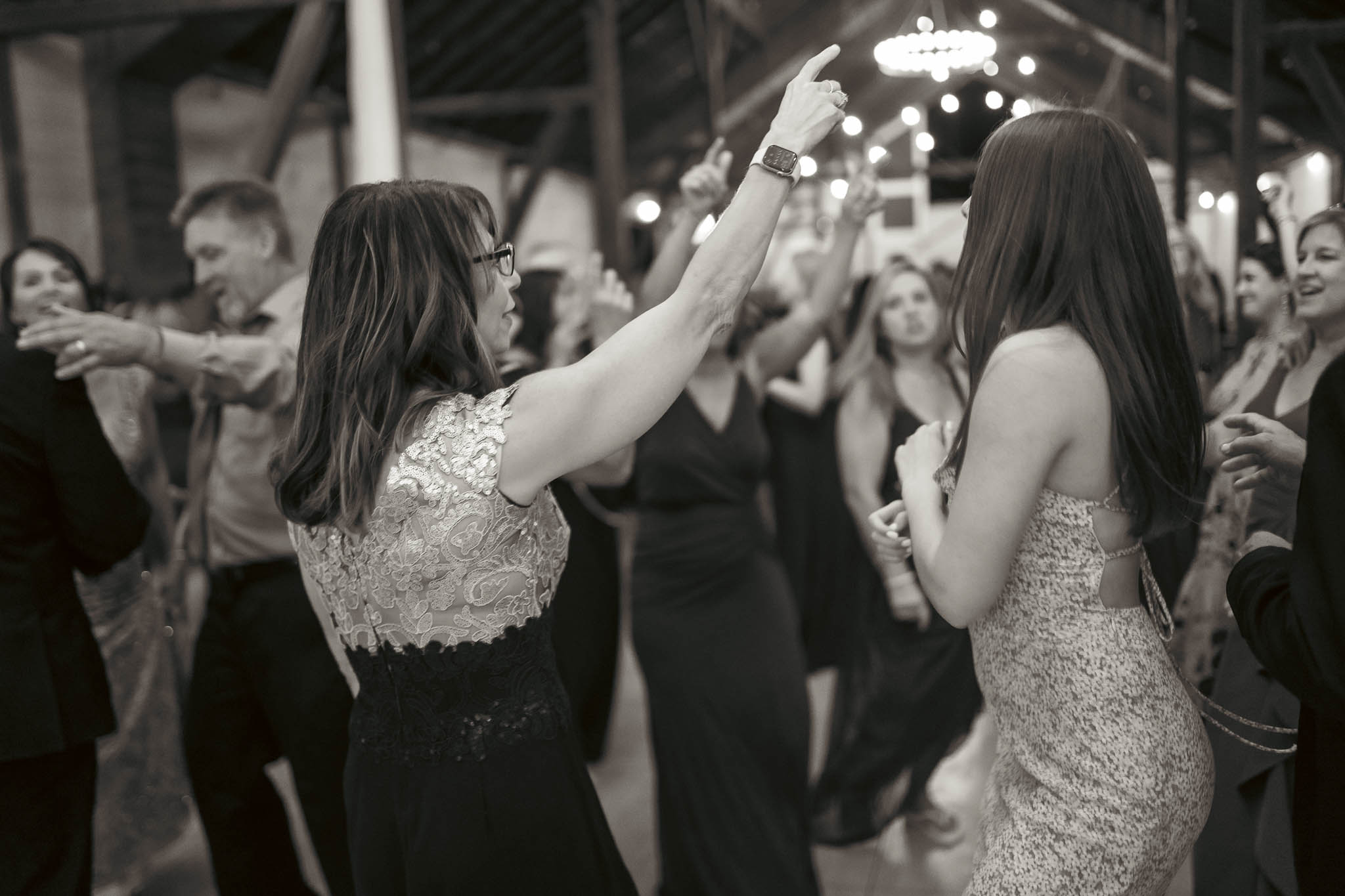 The dance floor in full swing at the barn reception — Sylvanside Farm wedding in Purcellville, Virginia
