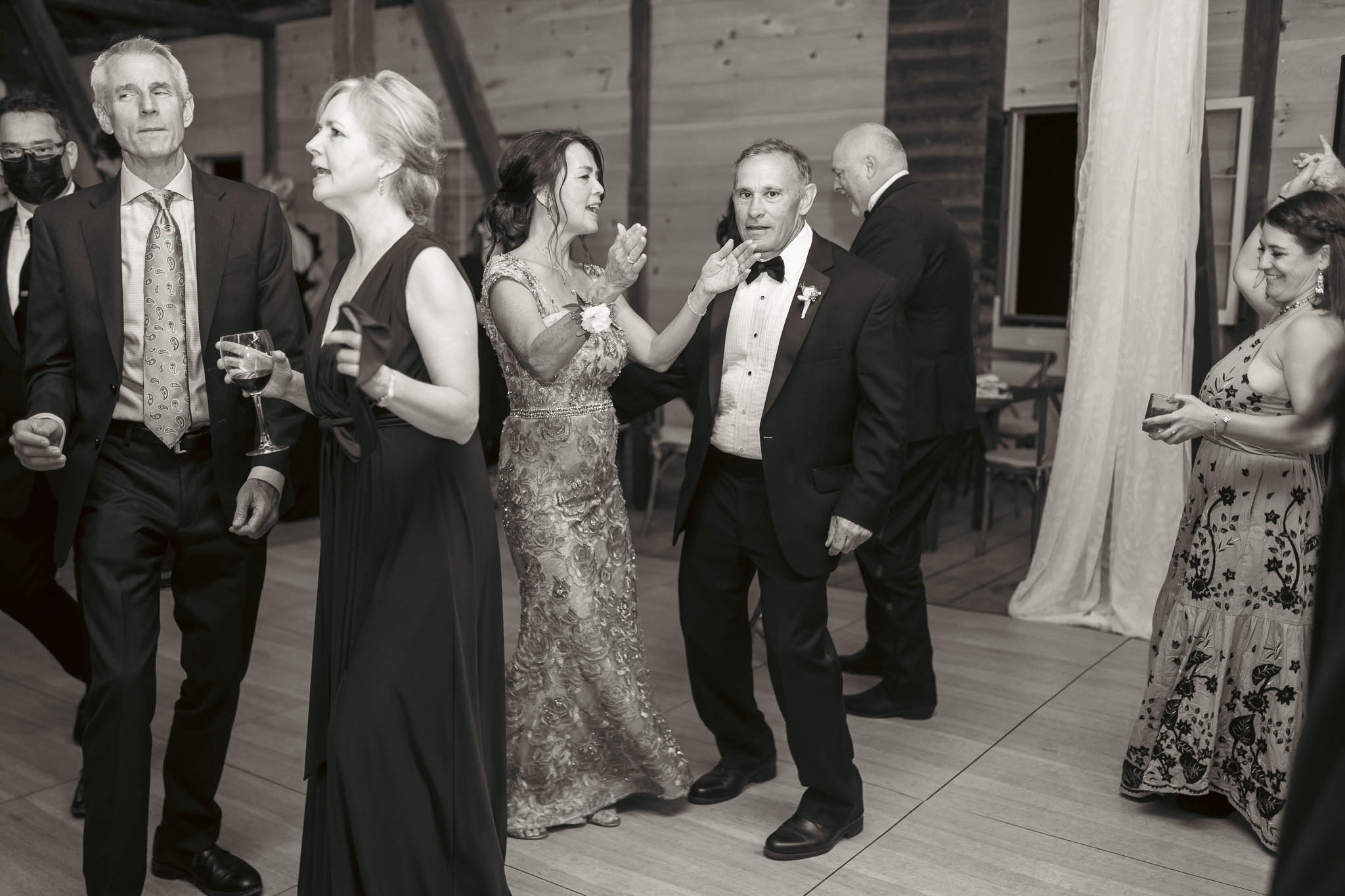 The dance floor in full swing at the barn reception — Sylvanside Farm wedding in Purcellville, Virginia